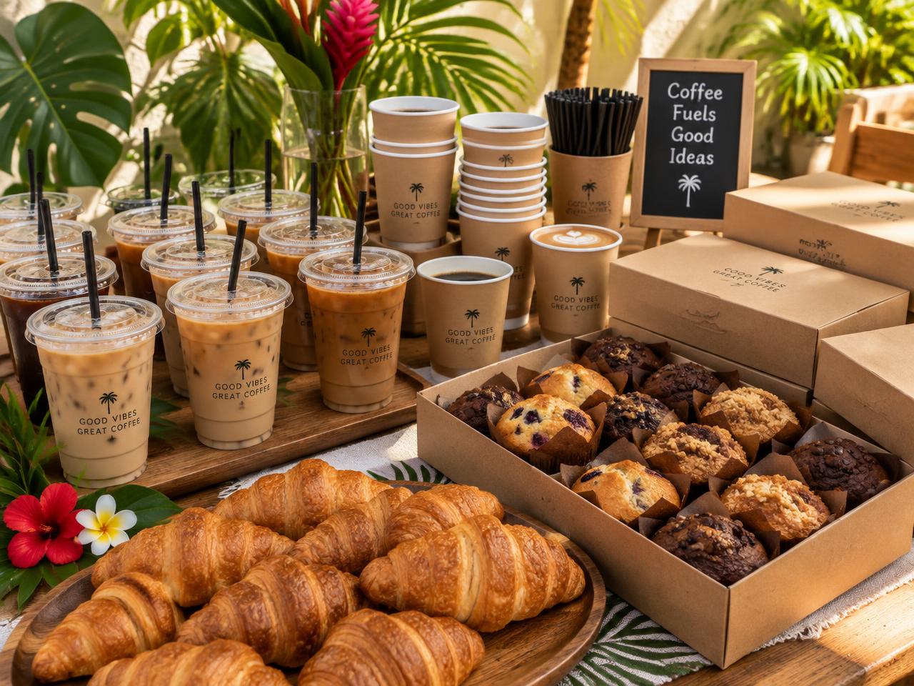 Catering spread of iced coffees, croissants and muffins