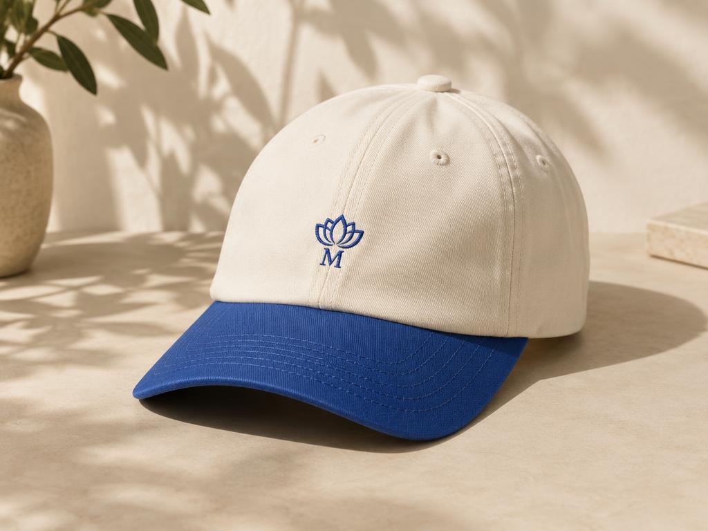 Cream cap with blue brim and blue embroidered Melbean logo
