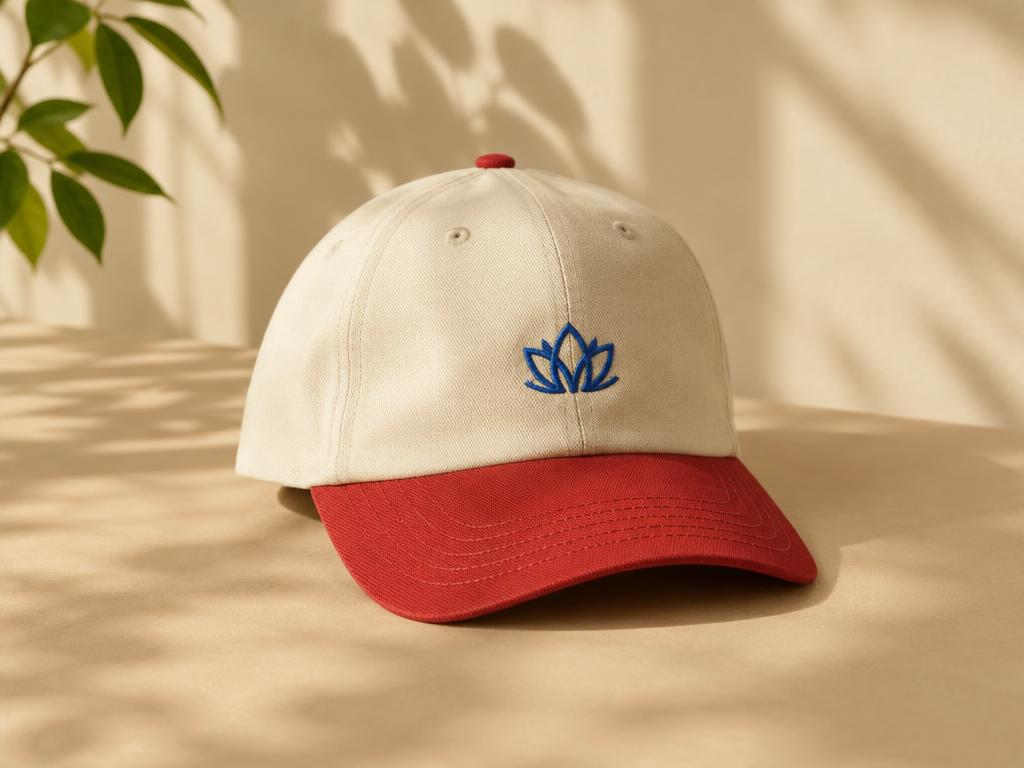 Cream cap with red brim and blue embroidered Melbean logo
