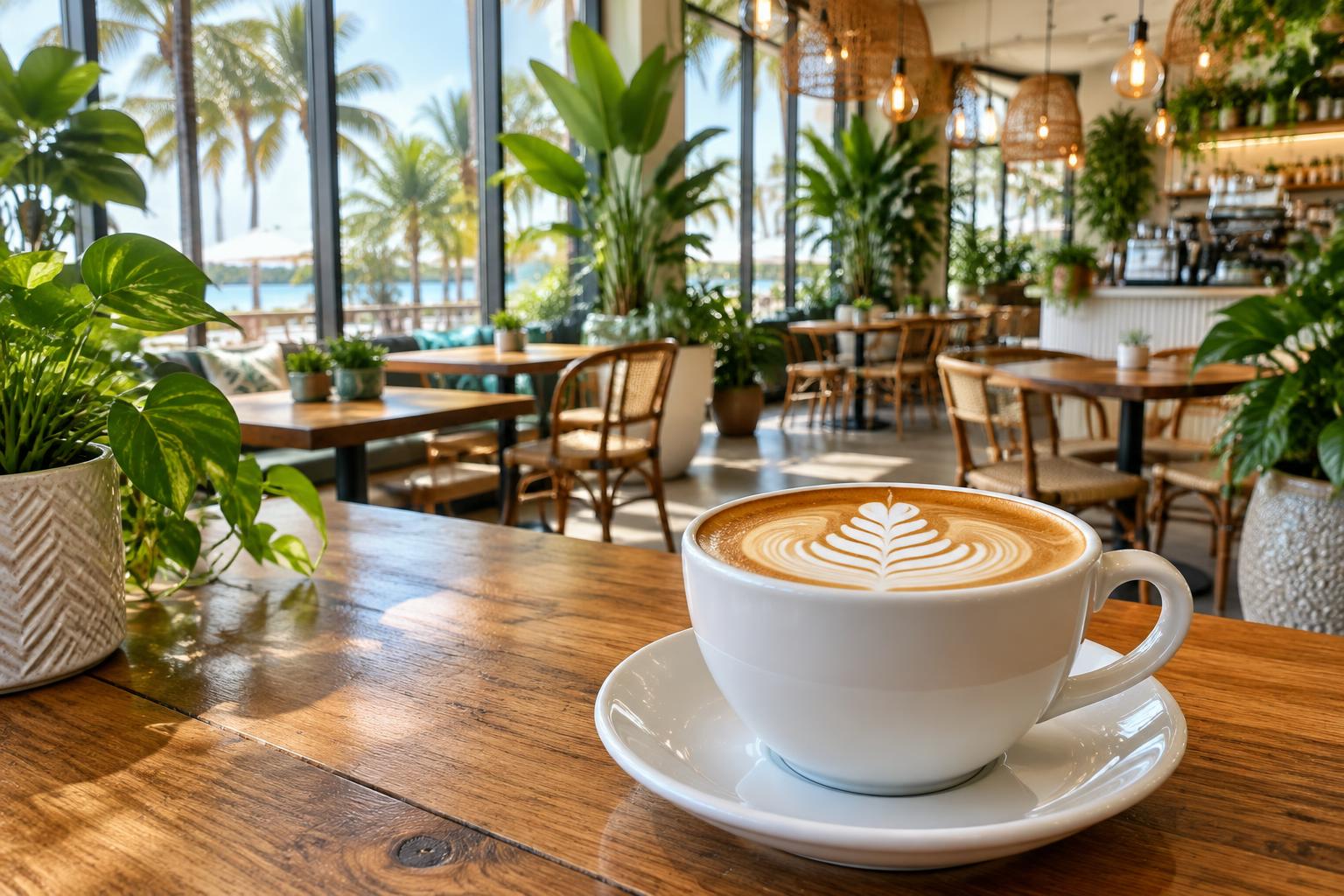 A latte on a sunlit café table